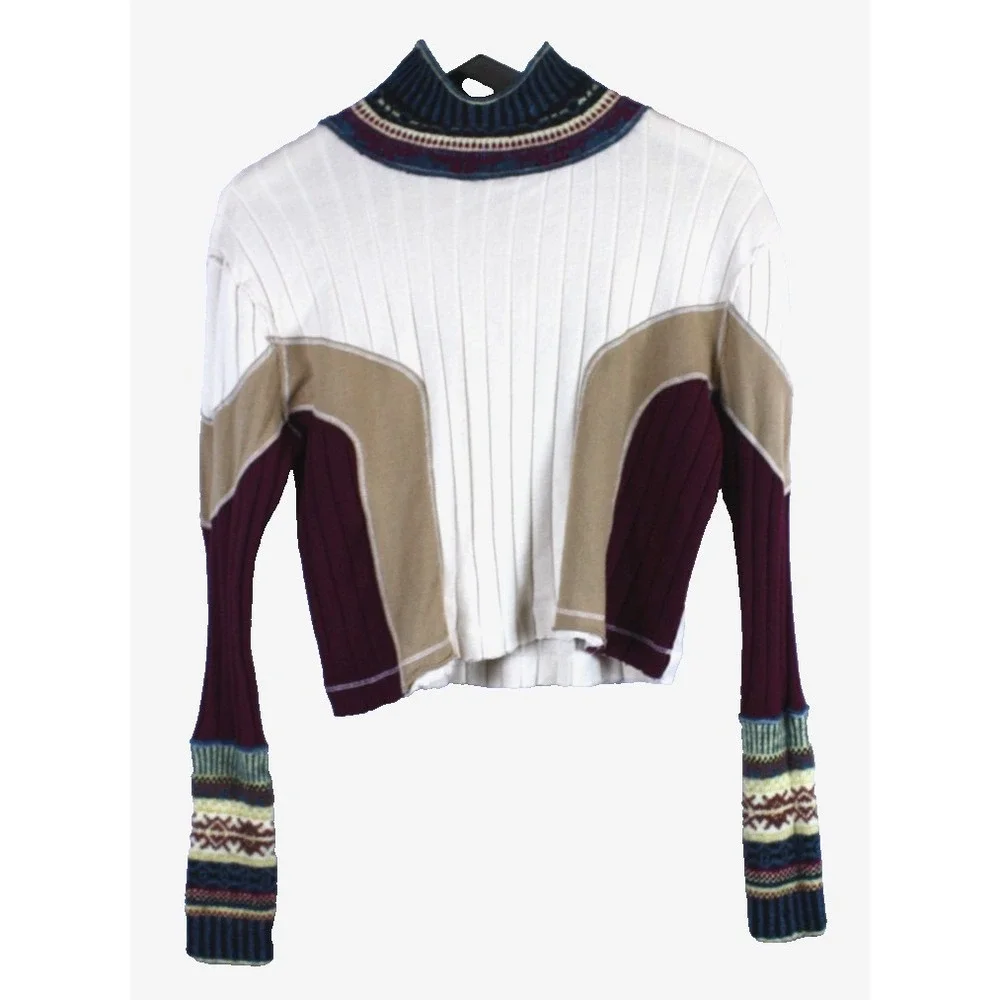 Free People Loose Cropped Sweater Size XS Mock Neck Wool Blend Knit Top Retro